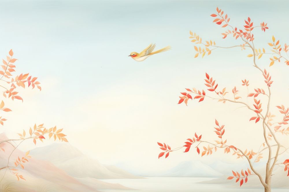 Painting of autumn leaves with bird border backgrounds flying tranquility. AI generated Image by rawpixel.