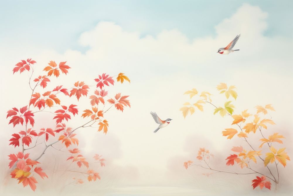 Painting of autumn leaves with bird border outdoors nature flying. AI generated Image by rawpixel.