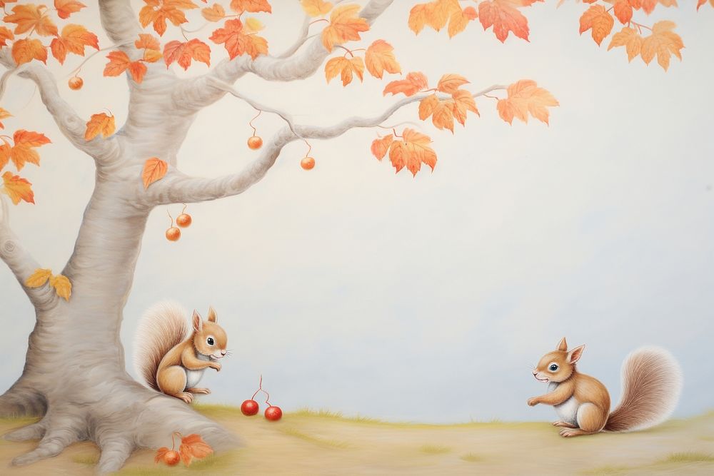 Painting of autumn leaves with squirrel border mammal plant tree. AI generated Image by rawpixel.