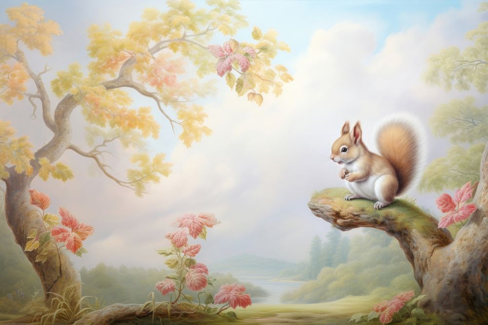 Painting of autumn leaves with squirrel border animal rodent mammal. AI generated Image by rawpixel.