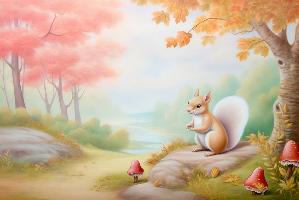 Painting of autumn leaves with squirrel border outdoors animal mammal. AI generated Image by rawpixel.