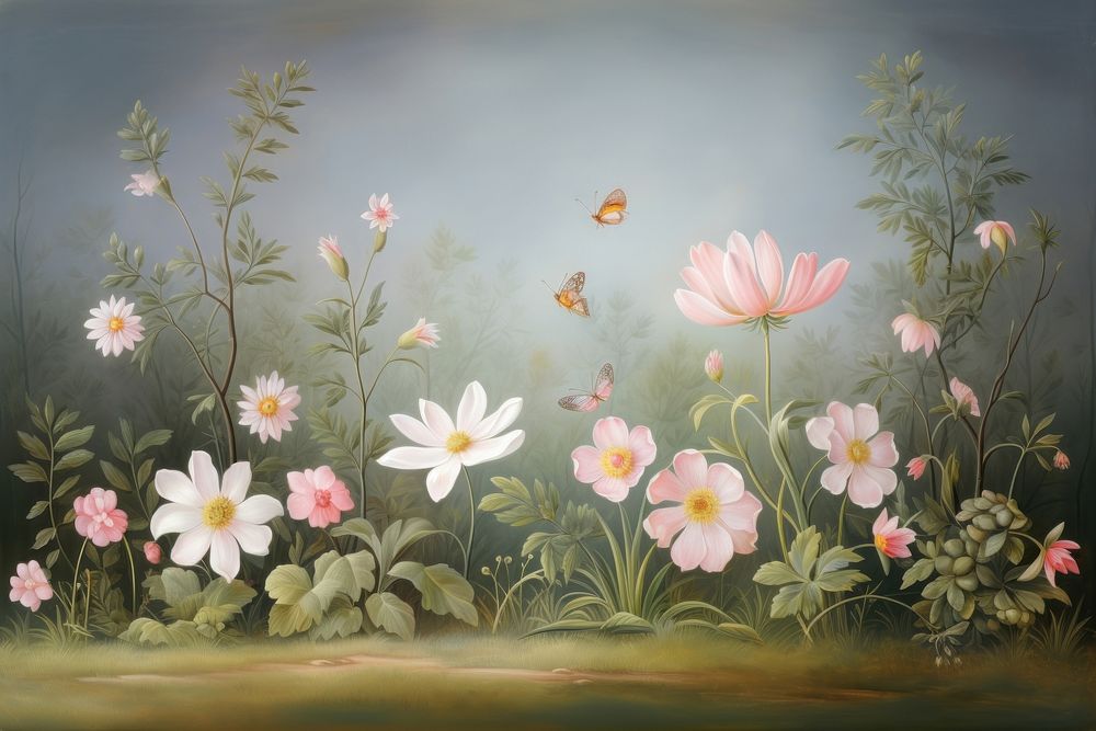 Painting of bush bloom border outdoors flower nature. AI generated Image by rawpixel.