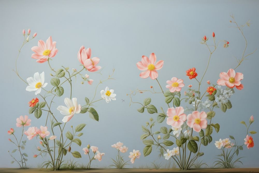 Painting of bush bloom border wallpaper flower plant. AI generated Image by rawpixel.