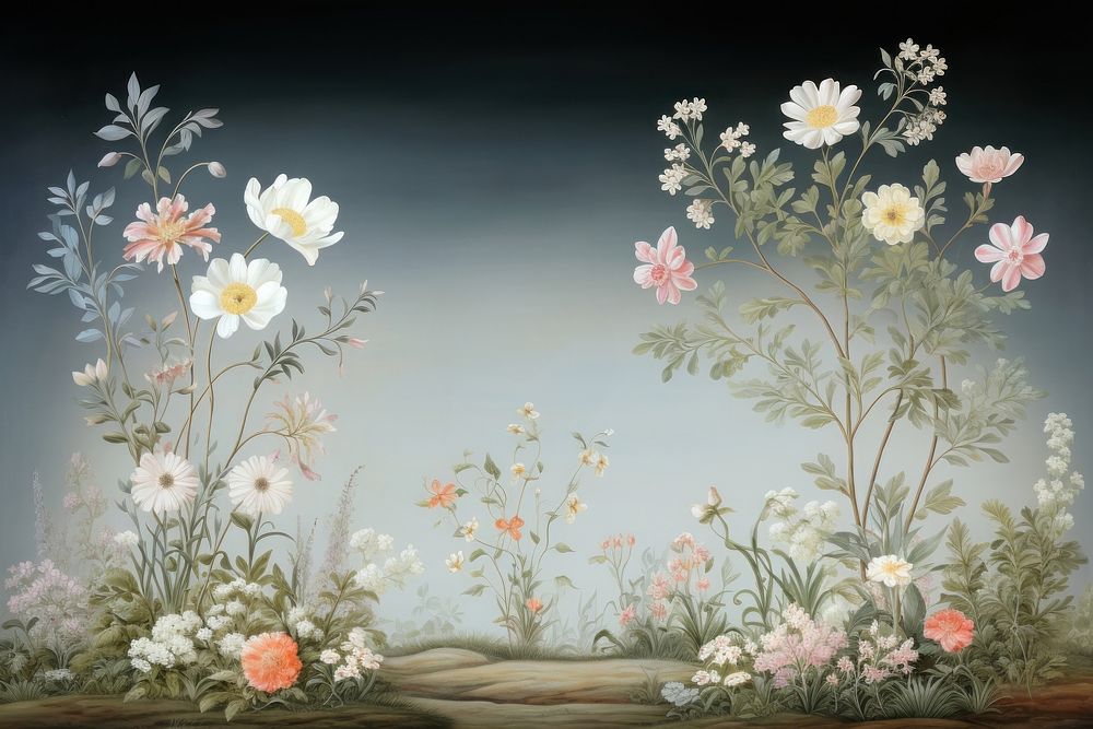 Painting of bush bloom border pattern flower plant. AI generated Image by rawpixel.