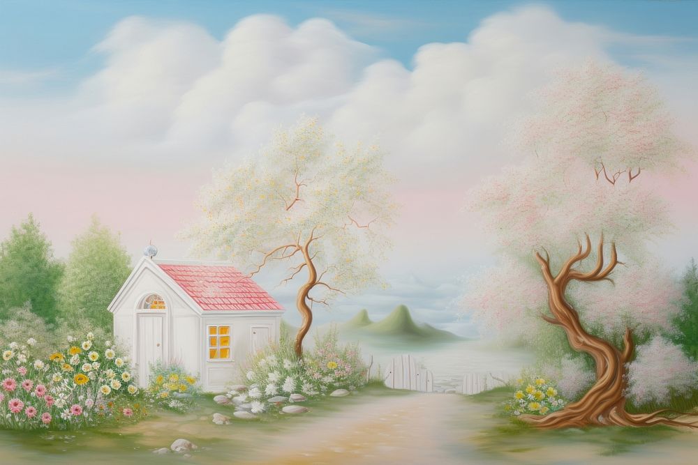 Painting of bush bloom with little house border architecture building outdoors. AI generated Image by rawpixel.