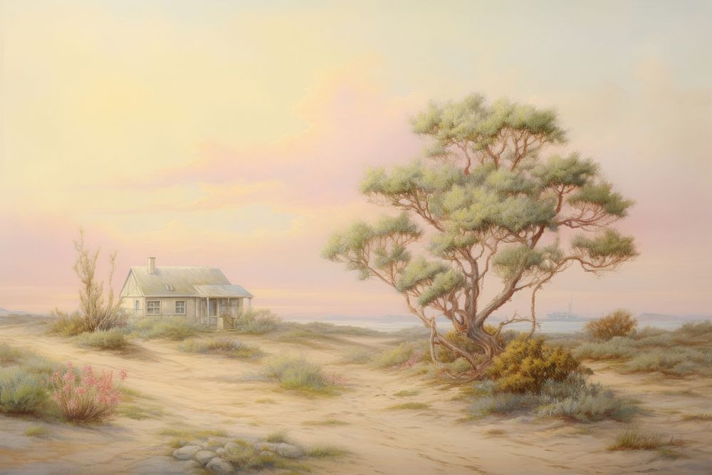 Painting of bush with little house border architecture outdoors building. AI generated Image by rawpixel.