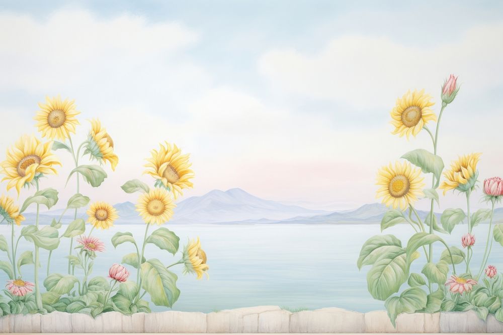 Painting of sunflower border pattern plant tranquility. AI generated Image by rawpixel.