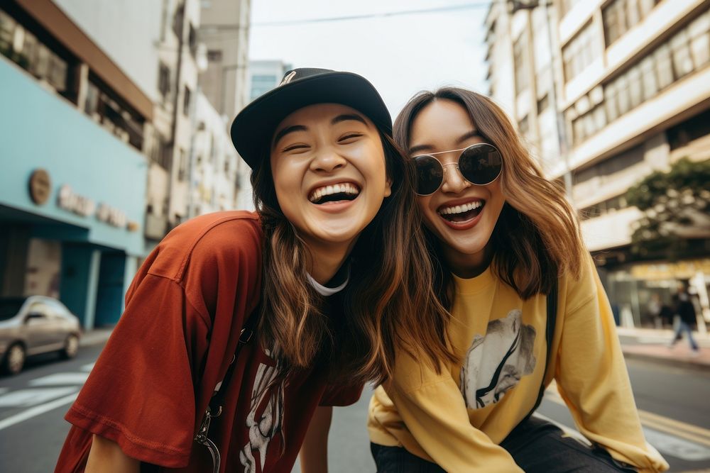 Two young girls with skateboard a downtown street laughing smile adult. AI generated Image by rawpixel.