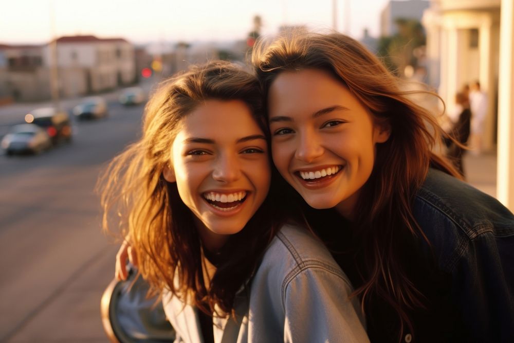 Two young girls with skateboard a downtown street laughing smile adult. AI generated Image by rawpixel.
