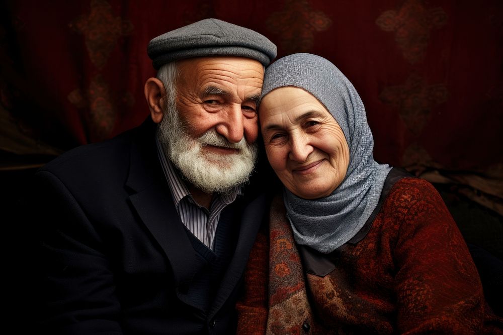 Muslim old couple portrait smiling adult. 