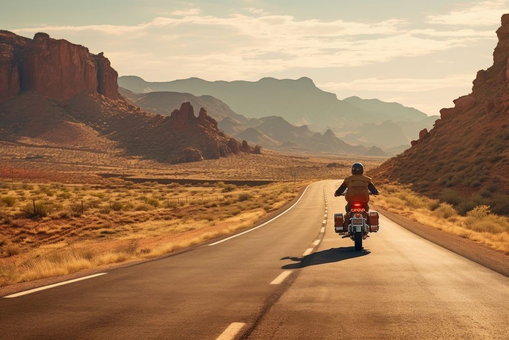 Man riding motorcycle in Arizona desert hills outdoors vehicle travel. AI generated Image by rawpixel.