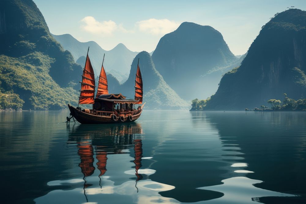 Asian style boat landscape mountain outdoors. AI generated Image by rawpixel.