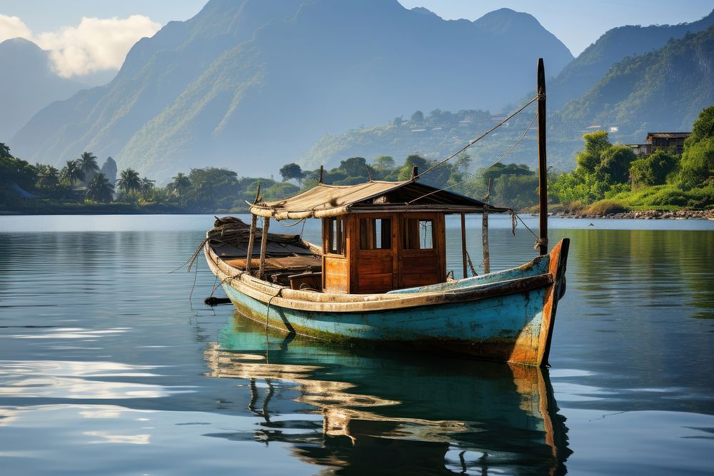 Asian style boat watercraft waterfront mountain. AI generated Image by rawpixel.