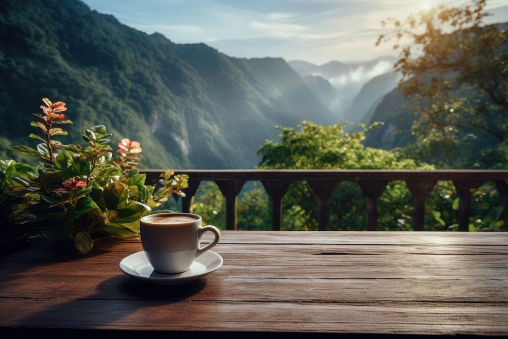 Hot cup of coffee mountain outdoors morning. AI generated Image by rawpixel.