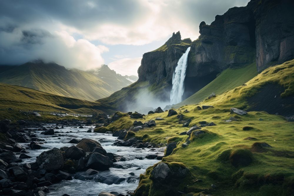 Iceland highland waterfall wilderness landscape. AI generated Image by rawpixel.