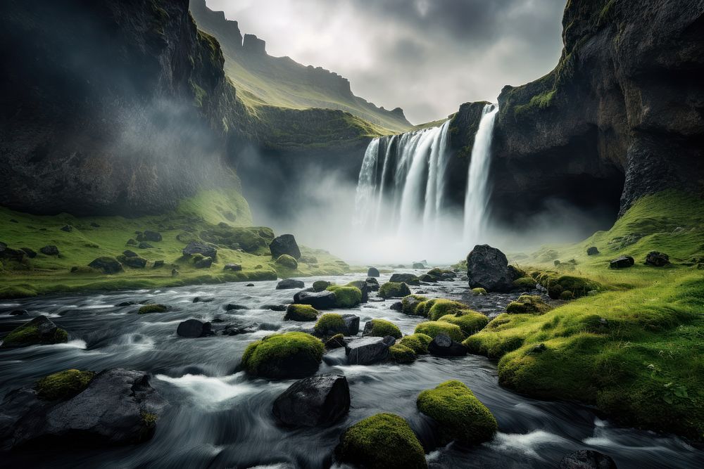 Iceland highland waterfall landscape outdoors. AI generated Image by rawpixel.