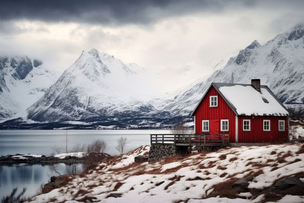 Red wooden cabin architecture landscape mountain. AI generated Image by rawpixel.