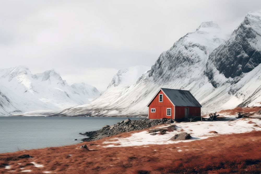 Red wooden cabin architecture landscape mountain. AI generated Image by rawpixel.
