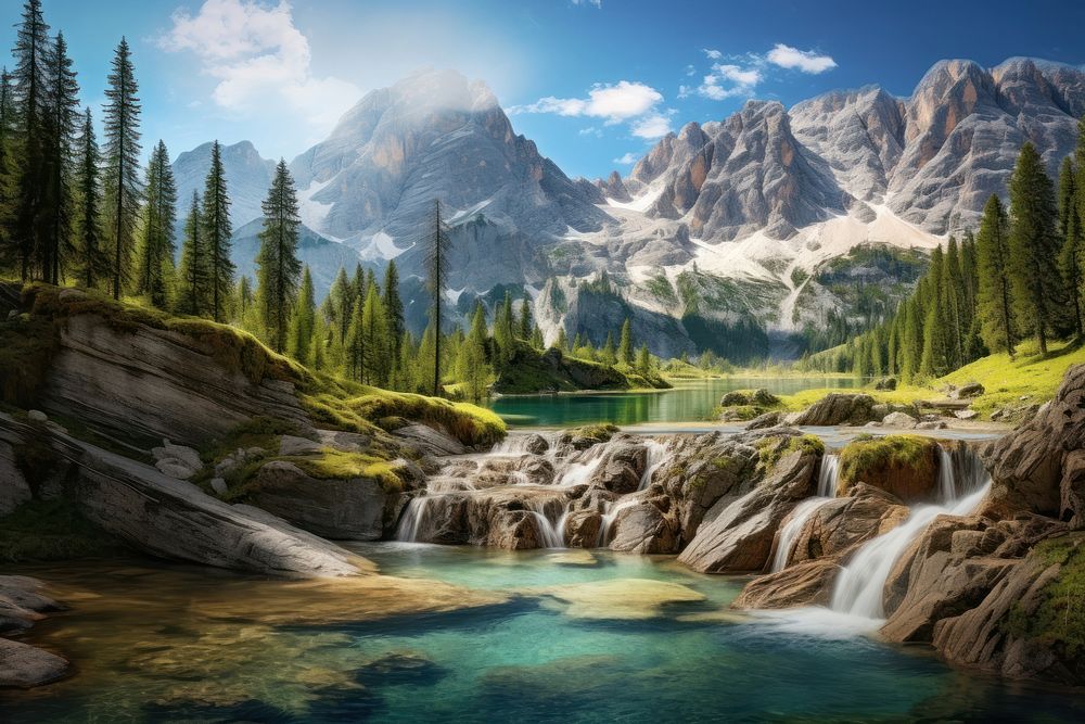 Tall alpine mountain waterfall lake wilderness landscape. AI generated Image by rawpixel.