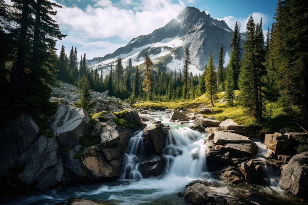 Tall alpine mountain waterfall forest wilderness landscape. AI generated Image by rawpixel.