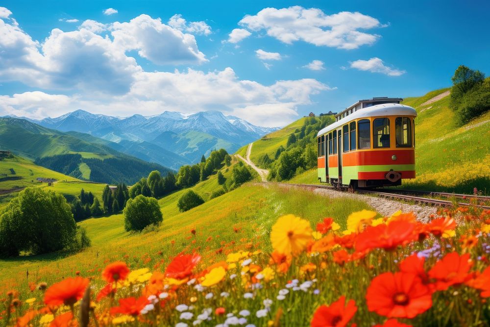 Tram going up the mountain flower landscape outdoors. AI generated Image by rawpixel.