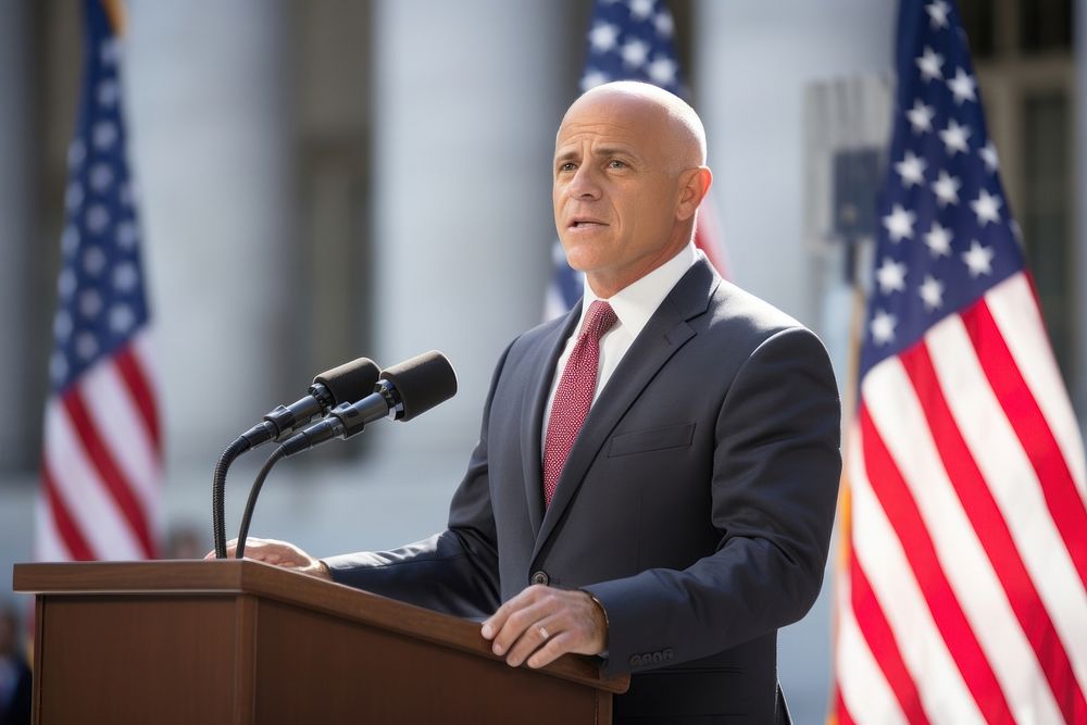 Middle age male American official talking in the press conference microphone adult flag. AI generated Image by rawpixel.