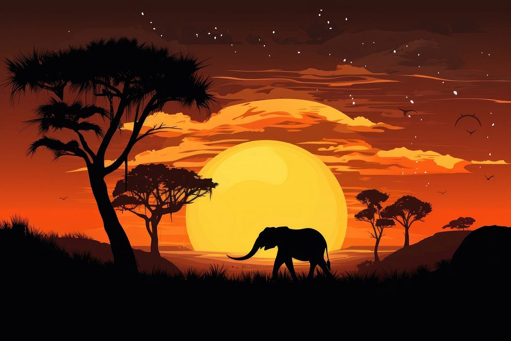 Safari silhouette landscape elephant. AI generated Image by rawpixel.