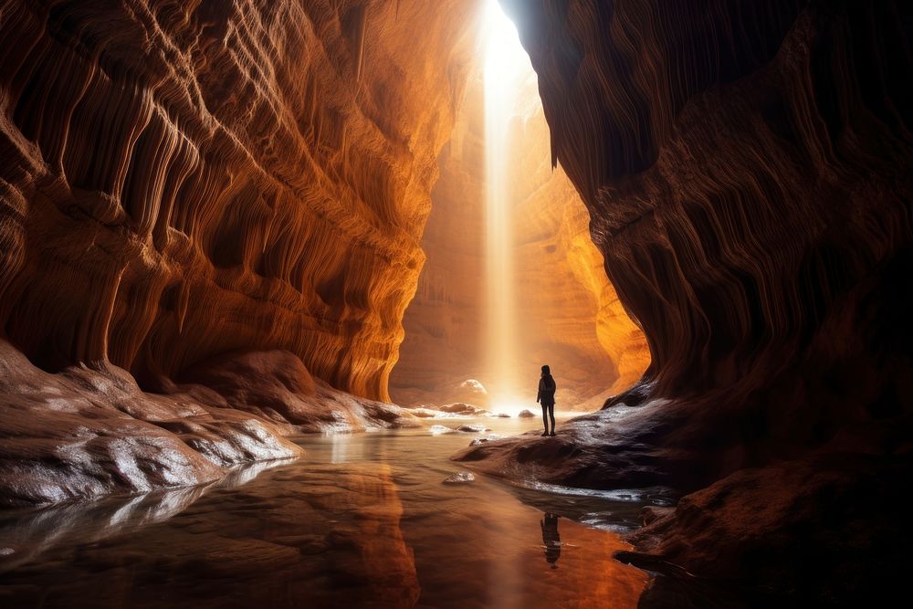 Tourist cave waterfall outdoors. AI generated Image by rawpixel.