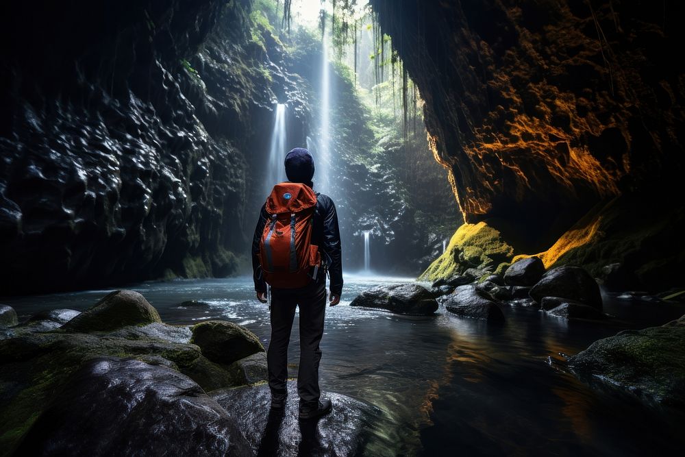 Man wearing backpack cave photography recreation. AI generated Image by rawpixel.