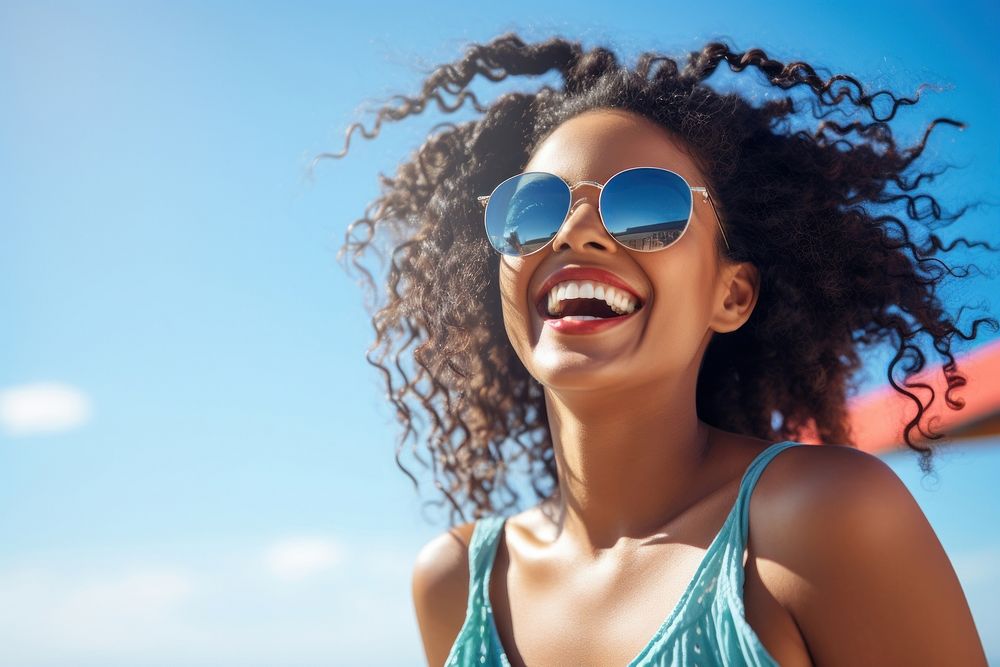 Smiling black young woman sunglasses laughing smiling. AI generated Image by rawpixel.