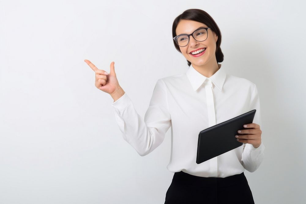 White office woman computer holding glasses. 