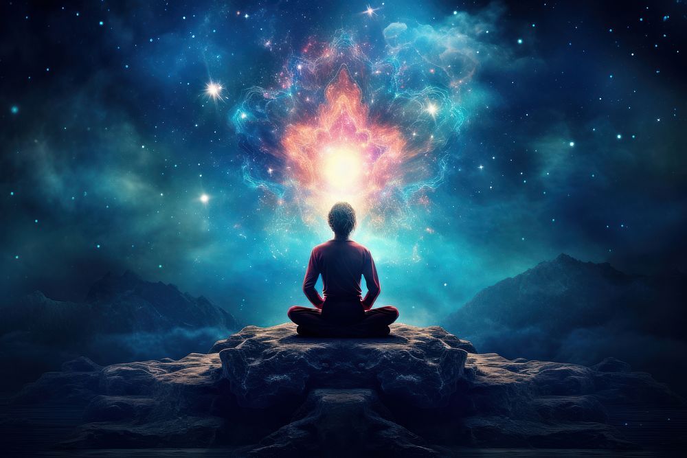 Yoga lotus pose yoga outdoors galaxy. AI generated Image by rawpixel.