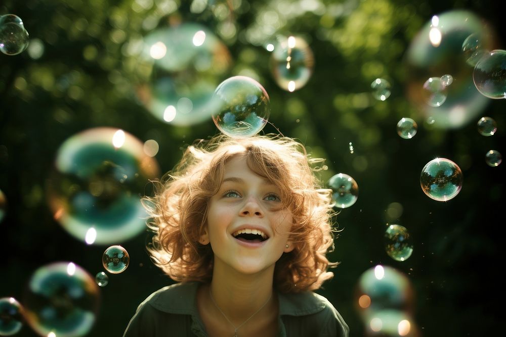 Floating bubbles portrait outdoors summer. AI generated Image by rawpixel.