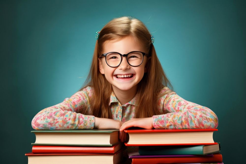Child in school age glasses smiling reading. AI generated Image by rawpixel.