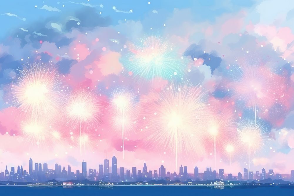 Firework landscape fireworks city. AI generated Image by rawpixel.