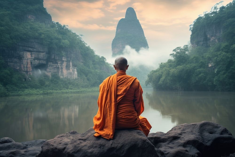 A Monk monk mountain sitting. AI generated Image by rawpixel.