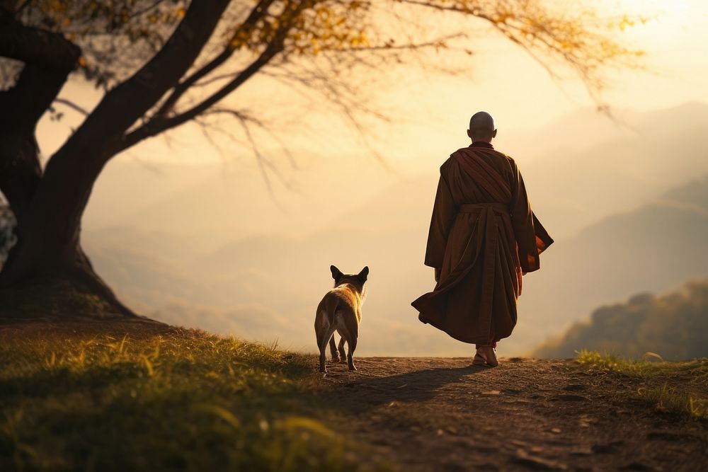 Monk walking dog nature. AI generated Image by rawpixel.