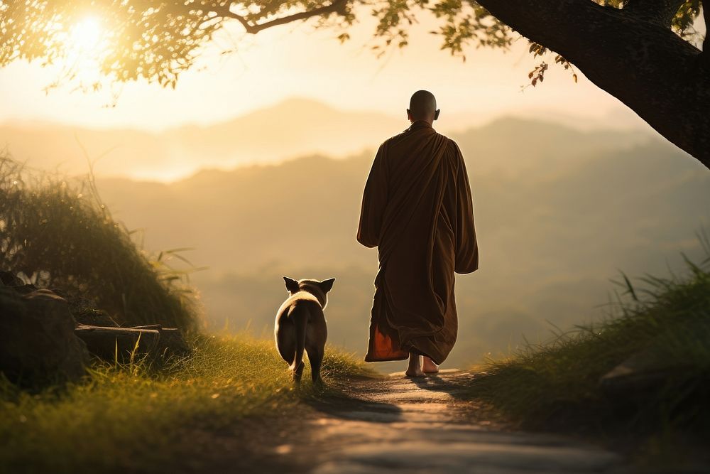 Monk walking dog mammal. AI generated Image by rawpixel.