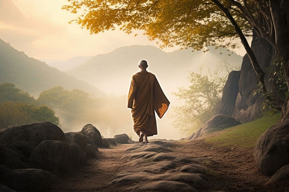 Monk walking monk nature. AI generated Image by rawpixel.