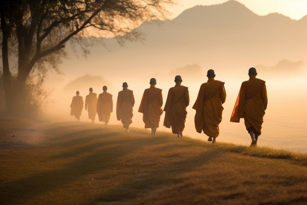 Monks walking monk outdoors. AI generated Image by rawpixel.
