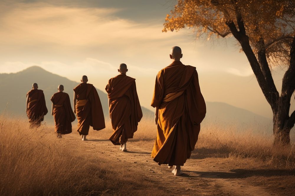 Monks walking monk nature. AI generated Image by rawpixel.