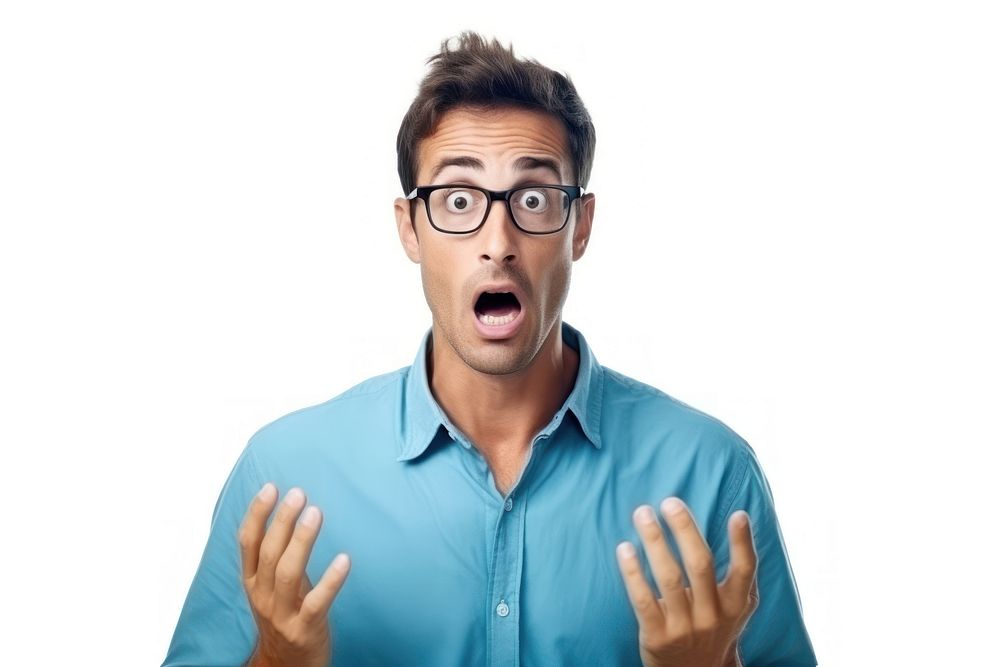 Blue shirt is acting frightened closed up glasses adult man. AI generated Image by rawpixel.