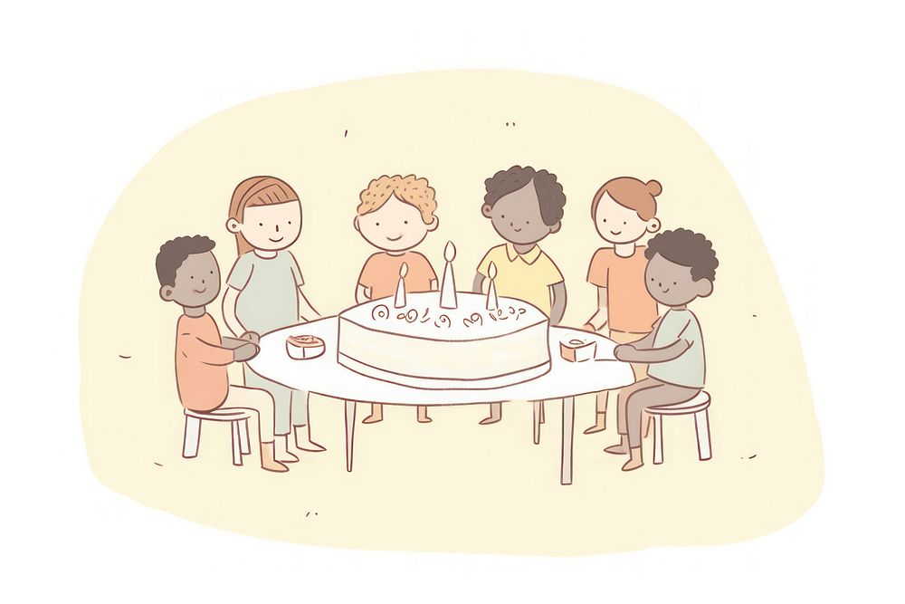 A group of friend enjoy birthday cake together character dessert sketch food. AI generated Image by rawpixel.