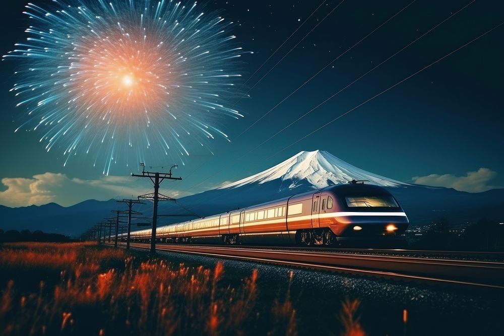 Fuji mountain celebration fireworks vehicle. AI generated Image by rawpixel.