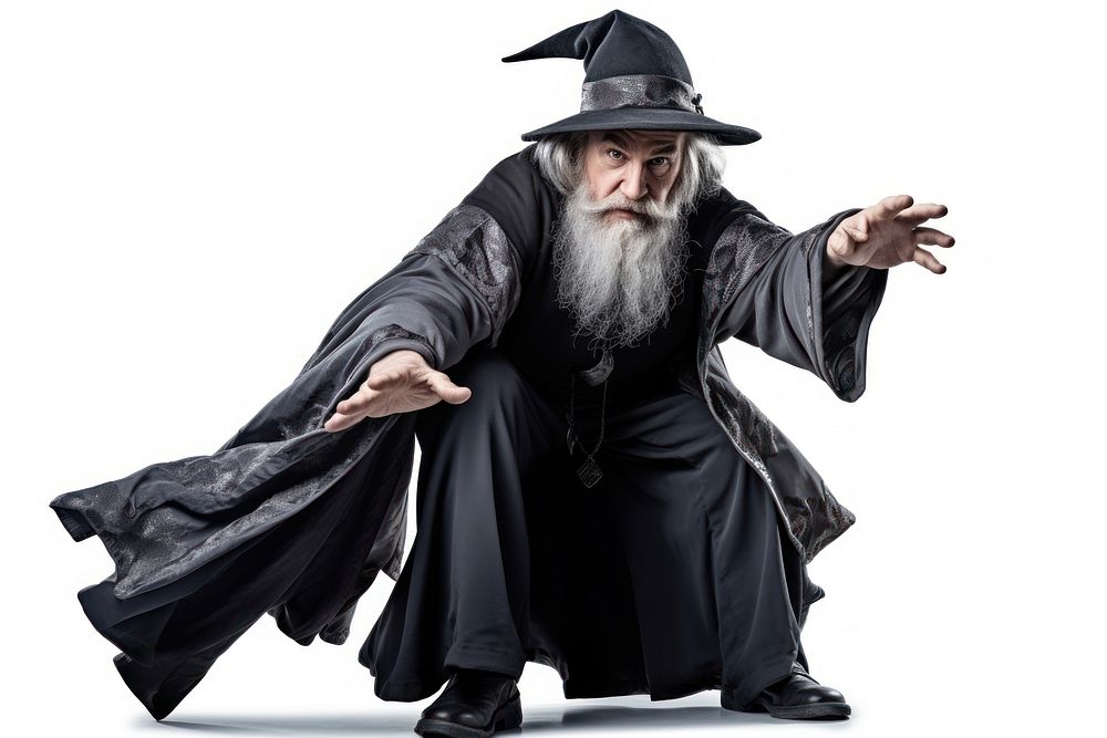 Grey-haired bearded wizard in a gray cassock and a cap is practicing sorcery adult white background portrait. AI generated…