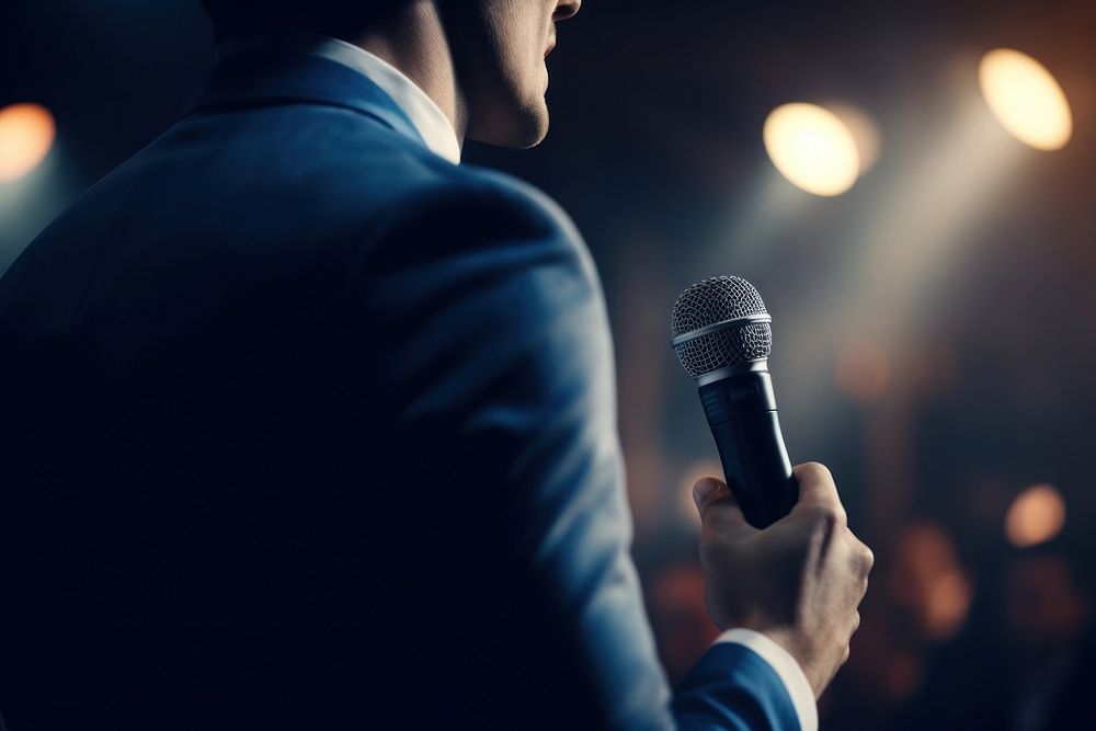 A man in formal outfit talking in the stage microphone audience adult. AI generated Image by rawpixel.