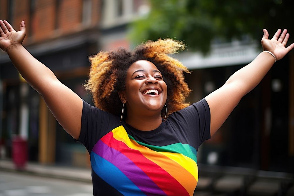 A chubby black woman laughing outdoors smiling. AI generated Image by rawpixel.