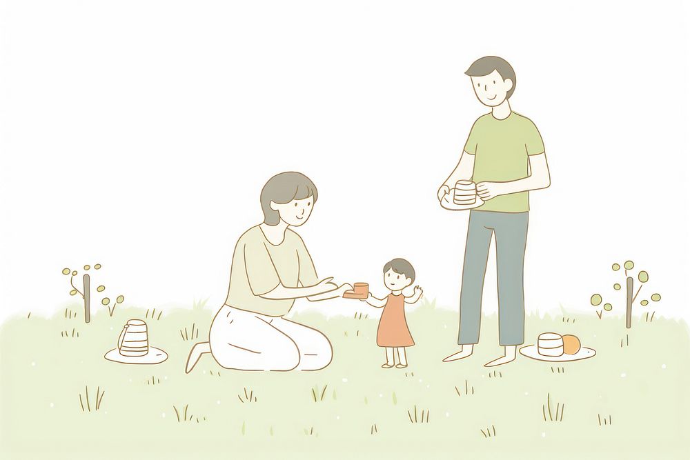 Father and mother and son picnic together character drawing child grass. AI generated Image by rawpixel.