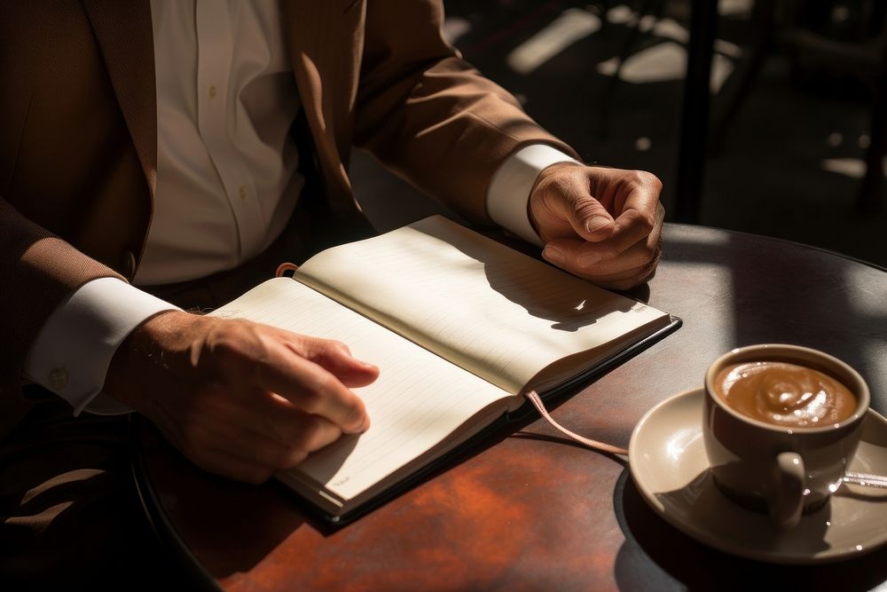 Working notebook talk with mature men coffee cup writing. AI generated Image by rawpixel.