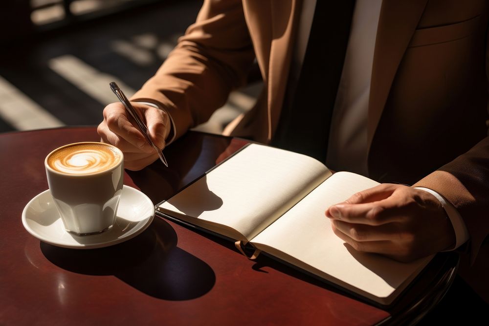 Working notebook talk with mature men coffee cup writing. AI generated Image by rawpixel.
